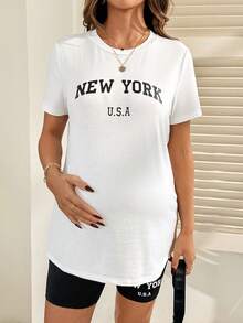 SHEIN Bộ đồ bầu 2 món kiểu dáng thường ngày, áo thun và quần short in họa tiết New York. - Đen và trắng - Xem 7