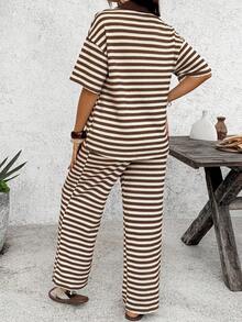 SHEIN 2pcs Maternity Set:Loose Short Sleeve Button Front Top And Comfortable Breathable Pants Cute Outfit Summer Outfits Beach Casual Holiday - Brown - View 4