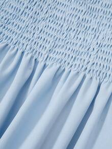 SHEIN 少女优雅黑色中长连衣裙，方领泡泡袖，蝴蝶结腰身褶裥设计，适合家庭聚会、派对和日常穿着。 - 藍色 - 查看 11