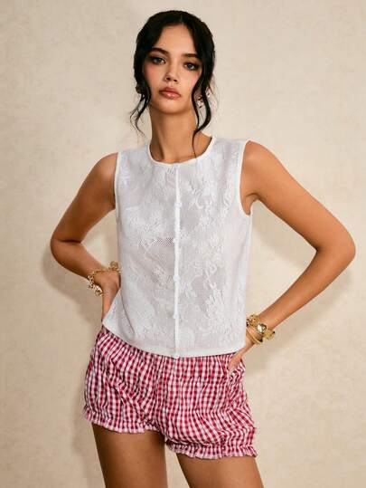 Poéselle White Lace Button Up Sleeveless Blouse, Elegant Hollow Out Summer Top For Women, Crochet Shirt For Office Or Vacation,Women's Casual Twist Knot Sleeveless Top, Fashion For Daily Wear, Summer,French-Style Top,Beach Outfit For Women,Crochet Hollow Out Knit Beach Cover Up,2026 New Arrival