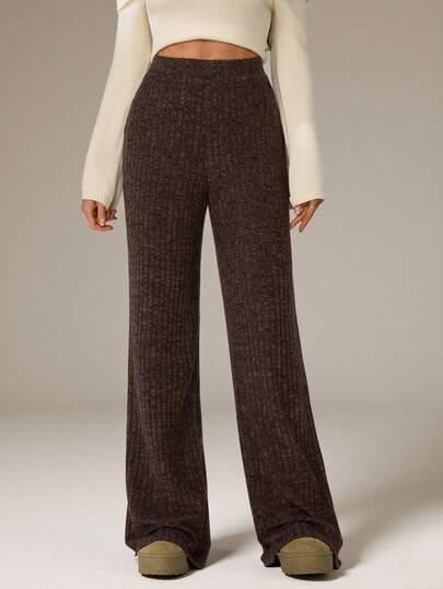 SHEIN Tall Versatile Solid Color High Waist Straight-Leg Casual Pants Knit Pants High Waisted Pants Brown Pants For Women Pants Wide Leg Pants Flare Leg Wide Leg Pants