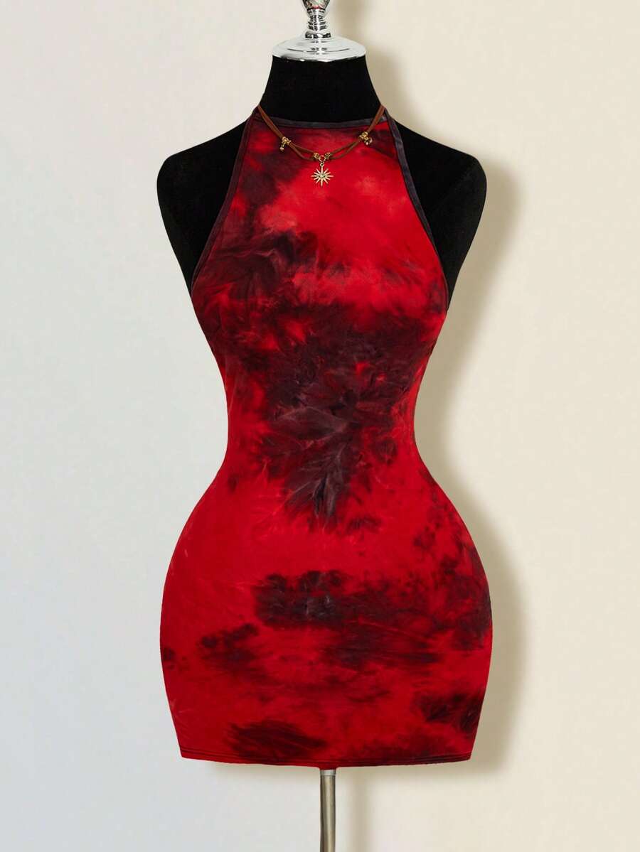 SHEIN ICON 系领紧身露背扎染迷你连衣裙 - 酒紅色 - 查看 1