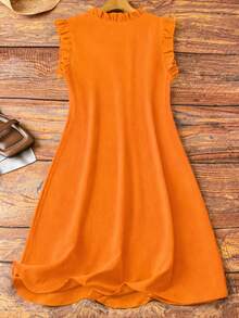 Linhara Plus Size Women Sleeve & Collar Patchwork Ruffle Trim V-Neck Sleeveless Casual Comfortable Dress, Suitable For Daily Commute - Orange - View 2