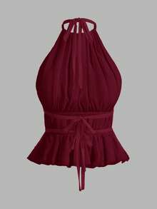 SHEIN PETITE Women's Pleated Halter Neckline Waist-Tied Backless Tank Top - Burgundy - View 9