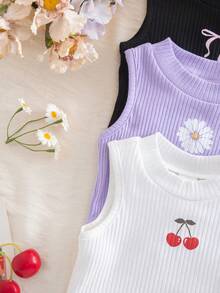 SHEIN 3pcs/Set Cute Summer Versatile Knit Bow & Floral Pattern Camisole For Baby Girl - Multicolor - View 4