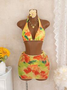 Bonvoyette 3件套女士夏季多巴胺吊带比基尼套装和沙滩度假裙 - 彩色 - 查看 3