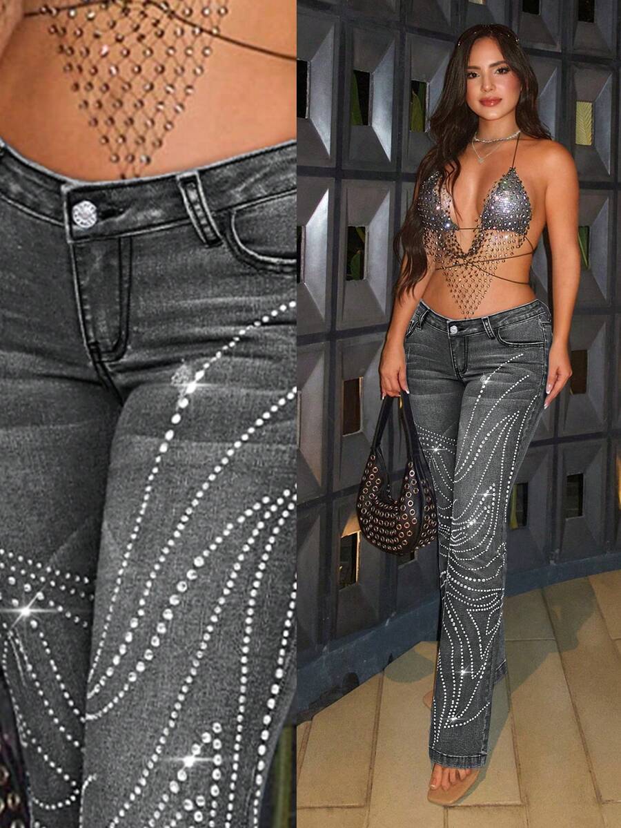 SHEIN Unity Women's Low Waist Slim Fit Rhinestone Embellished Pocket Fashionable Jeans - Light Grey - View 1