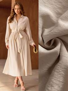 Flirla Đầm dài tay bằng vải lanh đơn, thanh lịch kiểu Pháp dành cho nữ, thích hợp cho những buổi trà chiều lãng mạn, cổ áo sơ mi, thắt eo, khóa kéo phía trước, trang trí, thích hợp cho mùa xuân/hè. - Màu be - Xem 1
