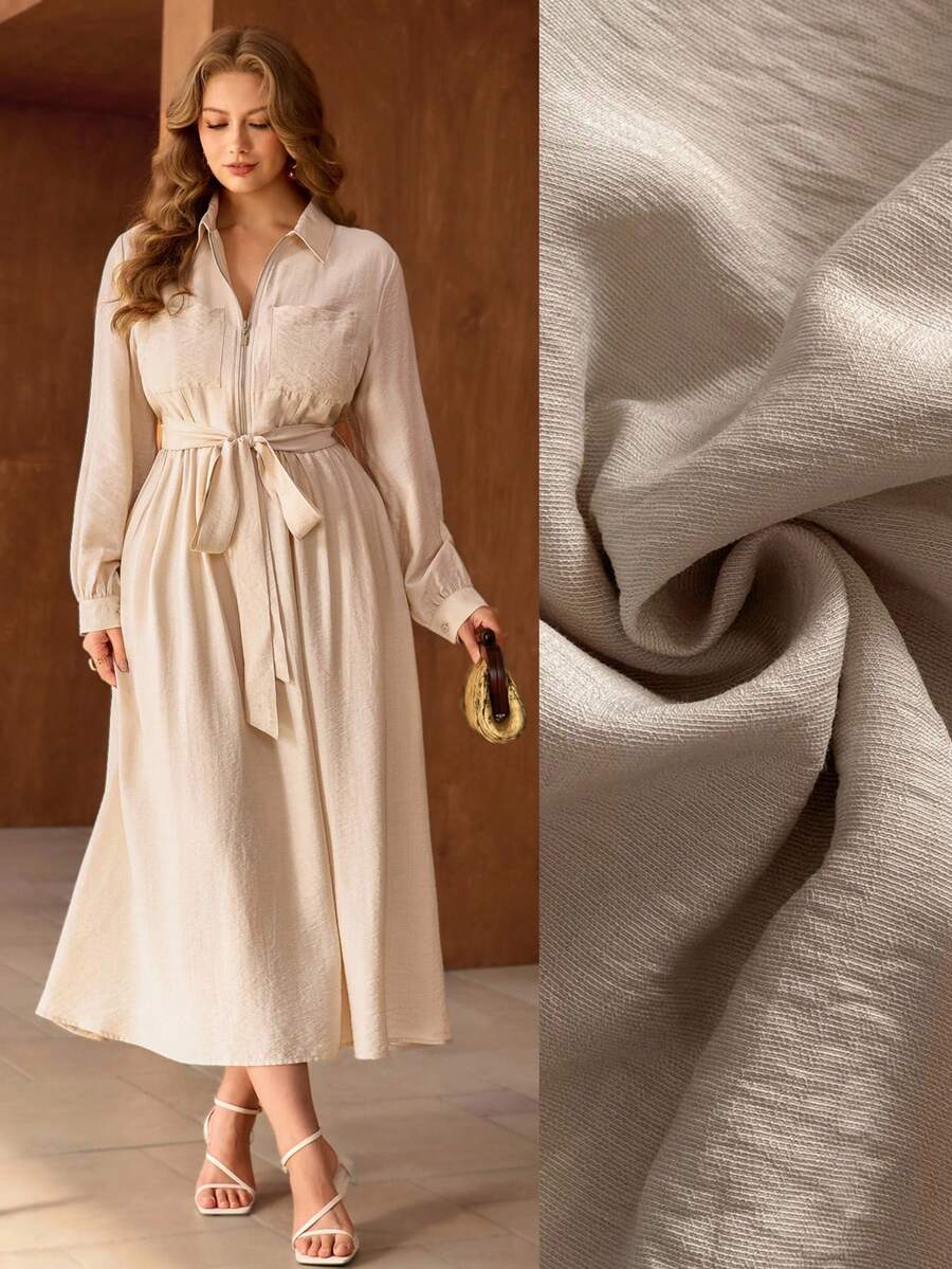 Flirla Đầm dài tay bằng vải lanh đơn, thanh lịch kiểu Pháp dành cho nữ, thích hợp cho những buổi trà chiều lãng mạn, cổ áo sơ mi, thắt eo, khóa kéo phía trước, trang trí, thích hợp cho mùa xuân/hè. - Màu be - Xem 1