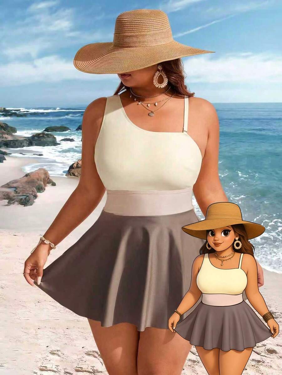 Swim Lushoire Plus Size Women 2pcs Set Contrast Color One-Shoulder Ruched Skirt Swimsuit Beach Cover Up For Summer Beach Vacation