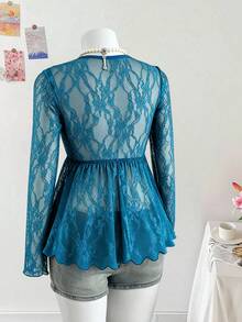 Sweetra 大码女式方领蝴蝶结蕾丝薄纱A字露脐上衣，优雅复古性感度假派对款，鸭蛋蓝 - 水鴨藍 - 查看 2