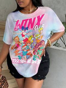 The Winx X SHEIN 大码休闲卡通图案圆领短袖T恤，夏季 - 白色 - 查看 4