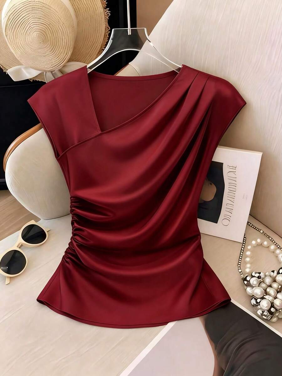 Franclia Women's Elegant Oblique Collar Fitted Zip-Up Waist Solid Red Valentine's Day Short Sleeve Versatile Blouse - Red - View 1