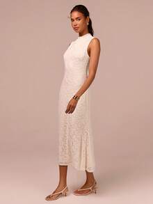 COSMINA 女士优雅蕾丝针织提花无袖长款连衣裙，杏色提花长裙，质感面料休闲度假约会连衣裙，简约纯色浪漫长款连衣裙 - 杏色 - 查看 6