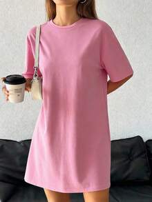 SHEIN EZwear Đầm nữ tay ngắn cổ tròn dáng rộng thoải mái, thích hợp cho mùa hè, màu hồng. - Màu Hồng baby - Xem 4