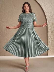 SHEIN Clasi Đầm thanh lịch cổ tròn tay ngắn xếp ly họa tiết hoa jacquard dành cho nữ cỡ lớn - Màu xanh Bạc hà - Xem 5