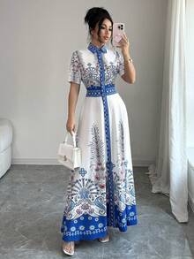 Elenzga Women's Elegant Casual Symmetrical Dragon & Phoenix Print Blue Waist Flare Dress, Suitable For Autumn/Winter Party, New Year, Christmas, Valentine's Day, Halloween Casual Wear - Blue - View 6