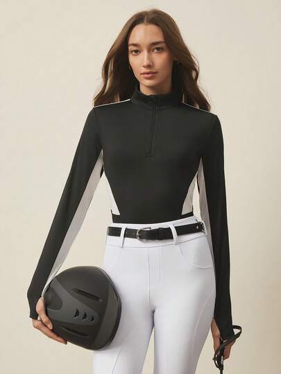 With My Calm Women's Minimalist Zipper Partial Placket Tight Contrast Color Long Sleeve Equestrian Sports Top Horseback Riding Outfit