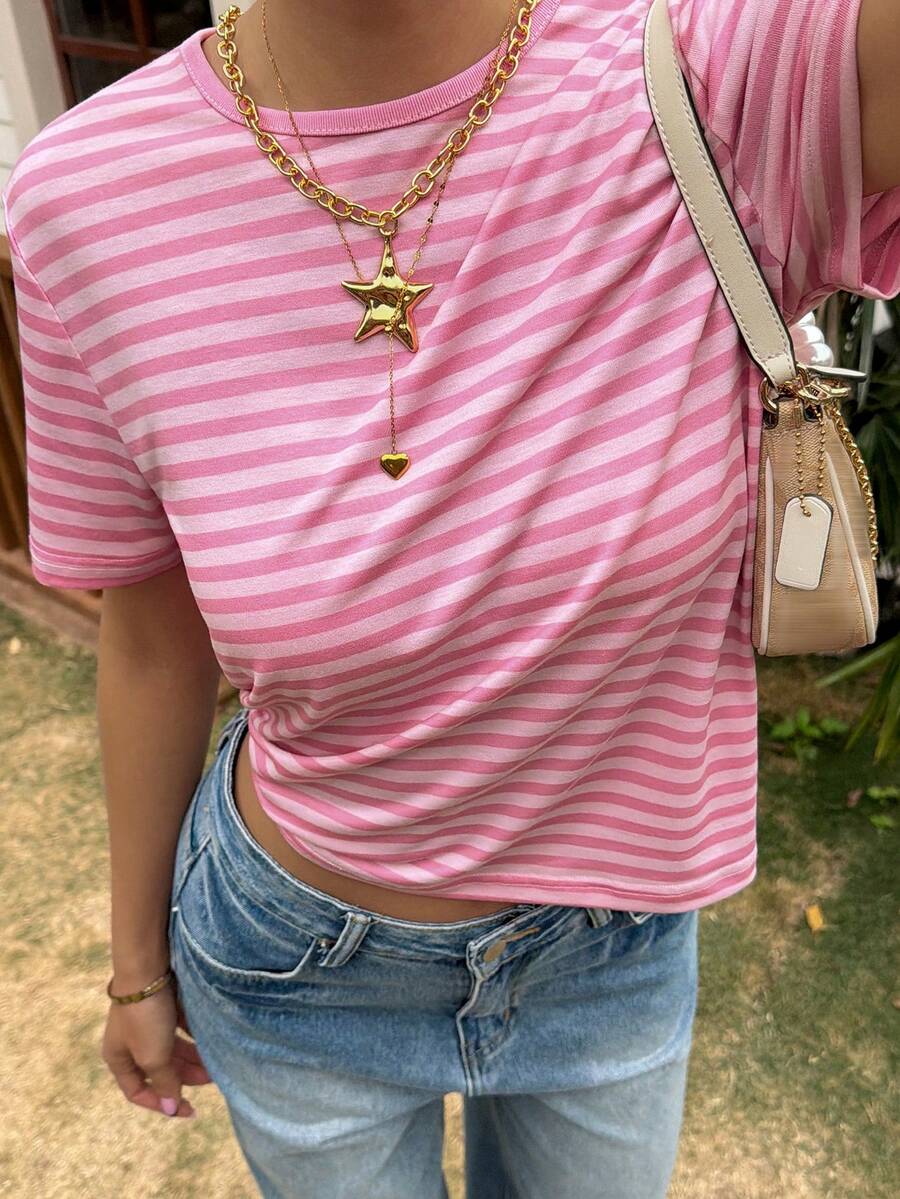 Livesso Pink Round Neck Striped Loose Fit Women's Short Sleeve T-Shirt, Summer - Pink - View 1