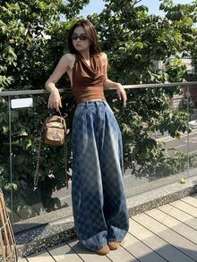 DAZY 女士菱形图案腰带环休闲直筒宽松百搭牛仔裤 - 藍色 - 查看 2