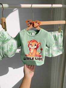 SHEIN 3件套可爱狮子印花短袖T恤和短裤套装，男女宝宝春夏通用服装 - 綠色 - 查看 5