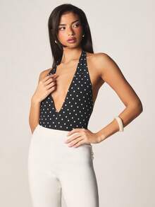 MISSGUIDED Polka Dot Deep V Neck Halter Bodysuit With Open Back Design And Classic Black White Pattern For Casual Summer Outfits - Black and White - View 3
