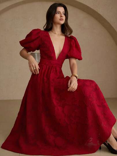 Aveloria Rosie Vestido corto de mujer elegante y sexy con escote profundo en V, mangas abullonadas, cintura ceñida y recortes florales de gasa