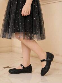 Cozy Pixies A Pair Of Spring And Summer Versatile Everyday Girls Glitter Mary Jane Flats Princess Pink Party Party Wedding Season Dress Dress With Black Kids Flats - Black - View 2