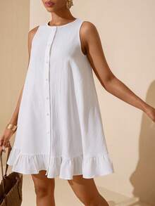 Vesra Vestido corto de mujer de línea A, sin mangas, holgado, con volantes en el bajo - Blanco - Ver 1