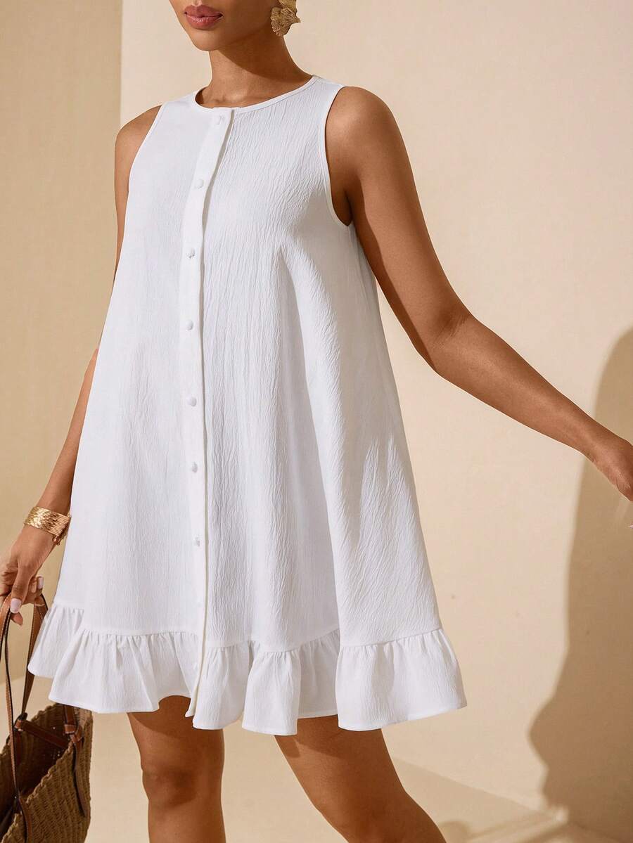 Vesra Vestido corto de mujer de línea A, sin mangas, holgado, con volantes en el bajo - Blanco - Ver 1