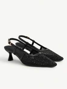 CUCCOO CHICEST Women's New Square Toe Mid-Heel Black Mesh Rhinestone Elegant Party Ankle Strap Stiletto Pumps - Black - View 2