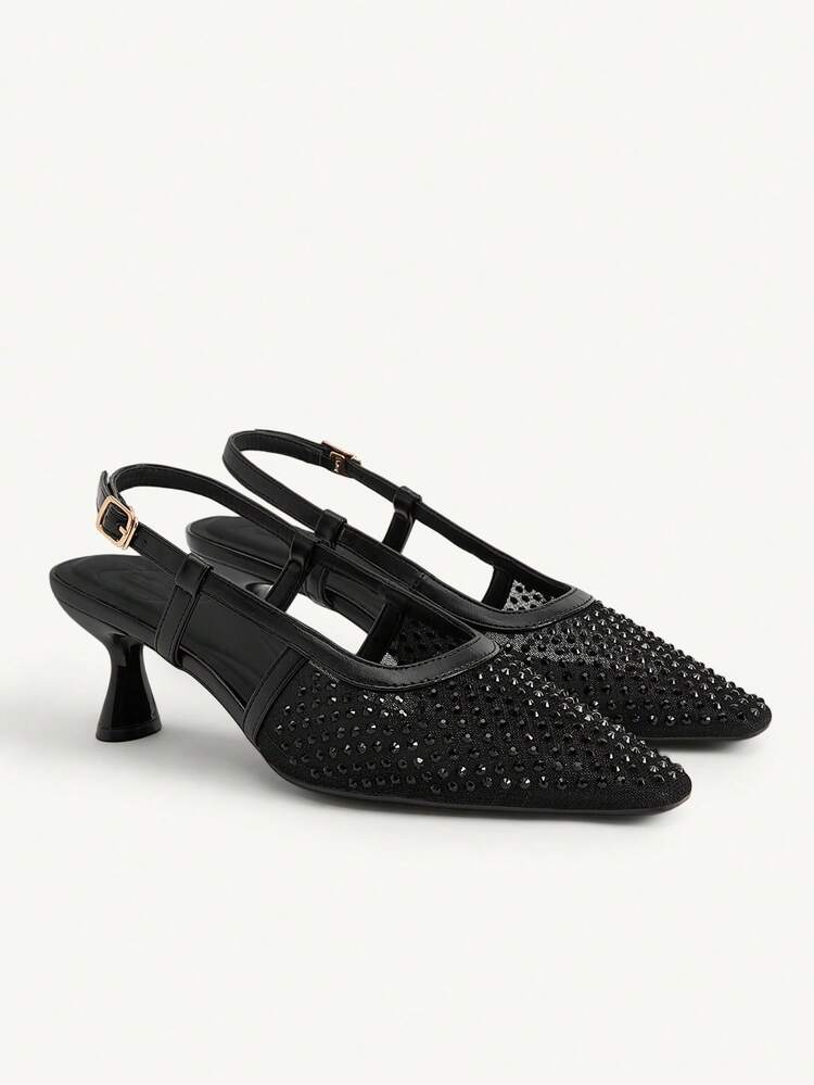 CUCCOO CHICEST Women's New Square Toe Mid-Heel Black Mesh Rhinestone Elegant Party Ankle Strap Stiletto Pumps Wedding Shoes Summer Shoes Bride Shoes