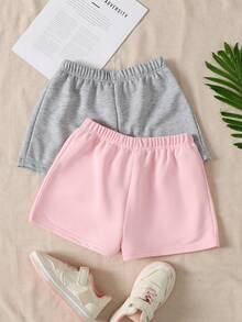 2pcs Tween Girls' Casual Solid Color Knit Wide Leg Shorts - Coral Pink - View 2