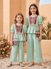 SHEIN 2pcs Tween GirlsFashion Printed Patchwork Blouse And Pants Set - Green - View 1
