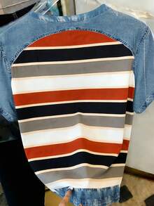 Resyla Women's Casual Striped Patchwork Round Neck Short Sleeve T-Shirt, Summer - Multicolor - View 2