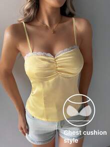 DAZY Satin Lace Patchwork Ruched Bust Design Camisole Top With Built-In Padded Bra For Women - Yellow - View 7