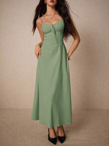 Poéselle 女士纯色褶皱前系腰优雅吊带连衣裙 - 薄荷綠 - 查看 5