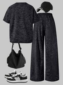 2pcs/Set Teenage Girls Casual Tie-Dye Loose Raglan T-Shirt And Wide Leg Pants, Street Style, Spring/Summer - Grey - View 2