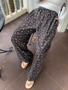 Dazy Plus Ditsy Floral Elastic Waist Drawstring Loose Straight Leg Pajama Bottoms - Black - View 9