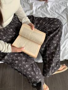 Dazy Plus Ditsy Floral Elastic Waist Drawstring Loose Straight Leg Pajama Bottoms - Black - View 10