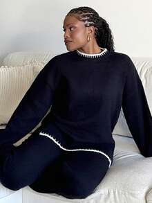 Tyla Gomez Set de 2 piezas de suéter de cuello alto con ribete en contraste y pantalones, informal, para mujer - Blanco y Negro - Ver 6