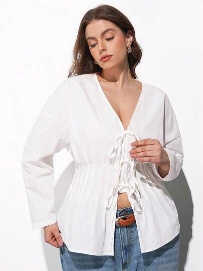 Maija Plus Size Women White V-Neck Pleated Long Sleeve Blouse  St Patrick's Day Women Easter Summer Outfits Easter Dress Women Party Top Beach Dress Summer Holiday Outfits Each Vacation Outfits For Women  Summer Outfit For Women Going Out Outfits Graduation Graduation Outfit  Casual Dresses  Casual Blouses For Women Womens Tops And Blouses Blouse For Women Casual Modern Blouse With Garterized Waist For Women