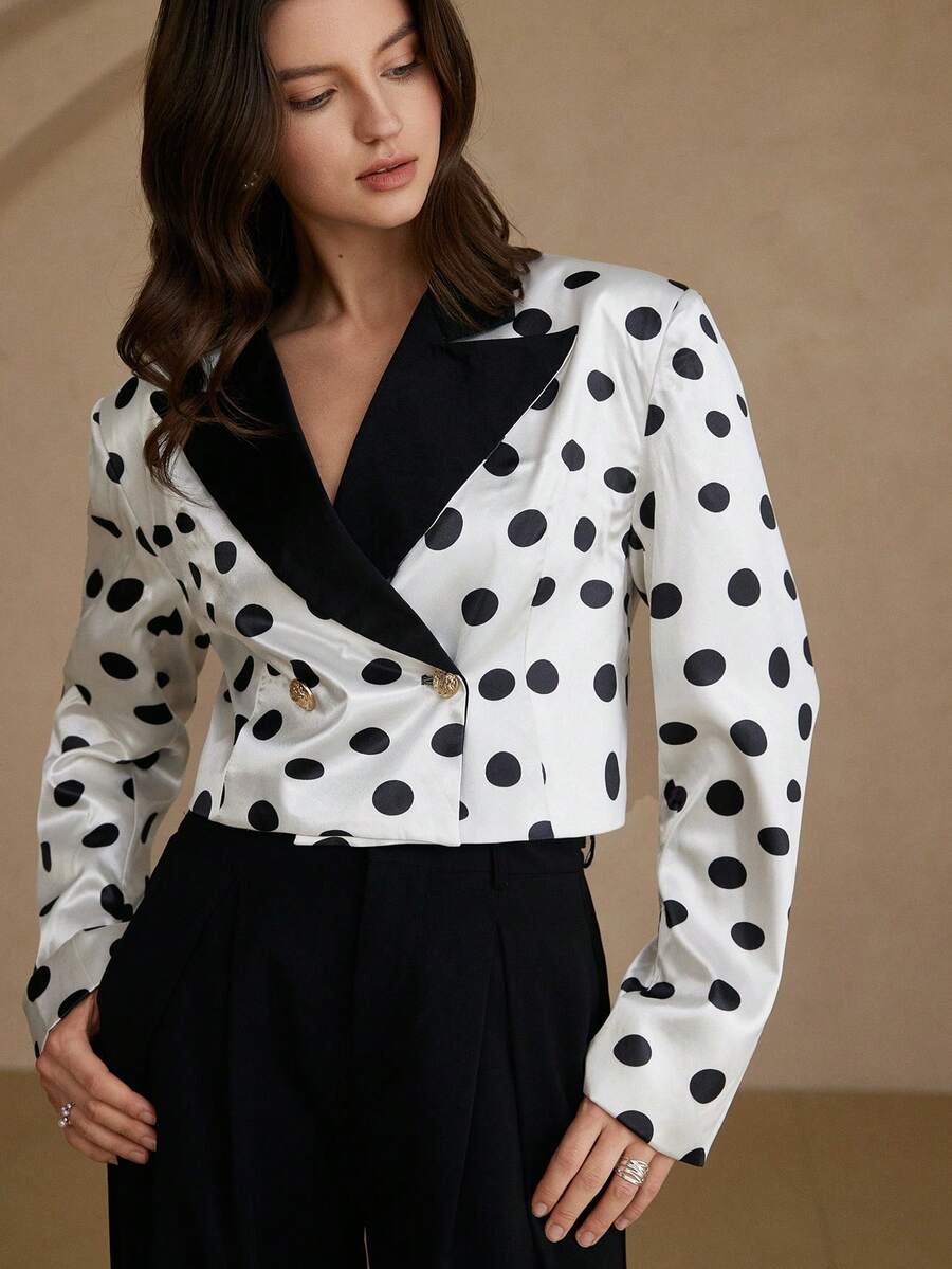 EMERY ROSE 不对称黑白波点短款西装外套，复古俏皮风格，修身剪裁，适合通勤、咖啡馆和休闲外出穿着。 - 黑與白 - 查看 1