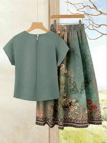 Rusticease 两件套女士波西米亚风度假休闲浅绿色上衣+绿色印花半裙套装 – 夏季波西米亚风半裙套装，适合海滩、邮轮、音乐节、演唱会、婚礼宾客、城市旅行等场合。 - 彩色 - 查看 2