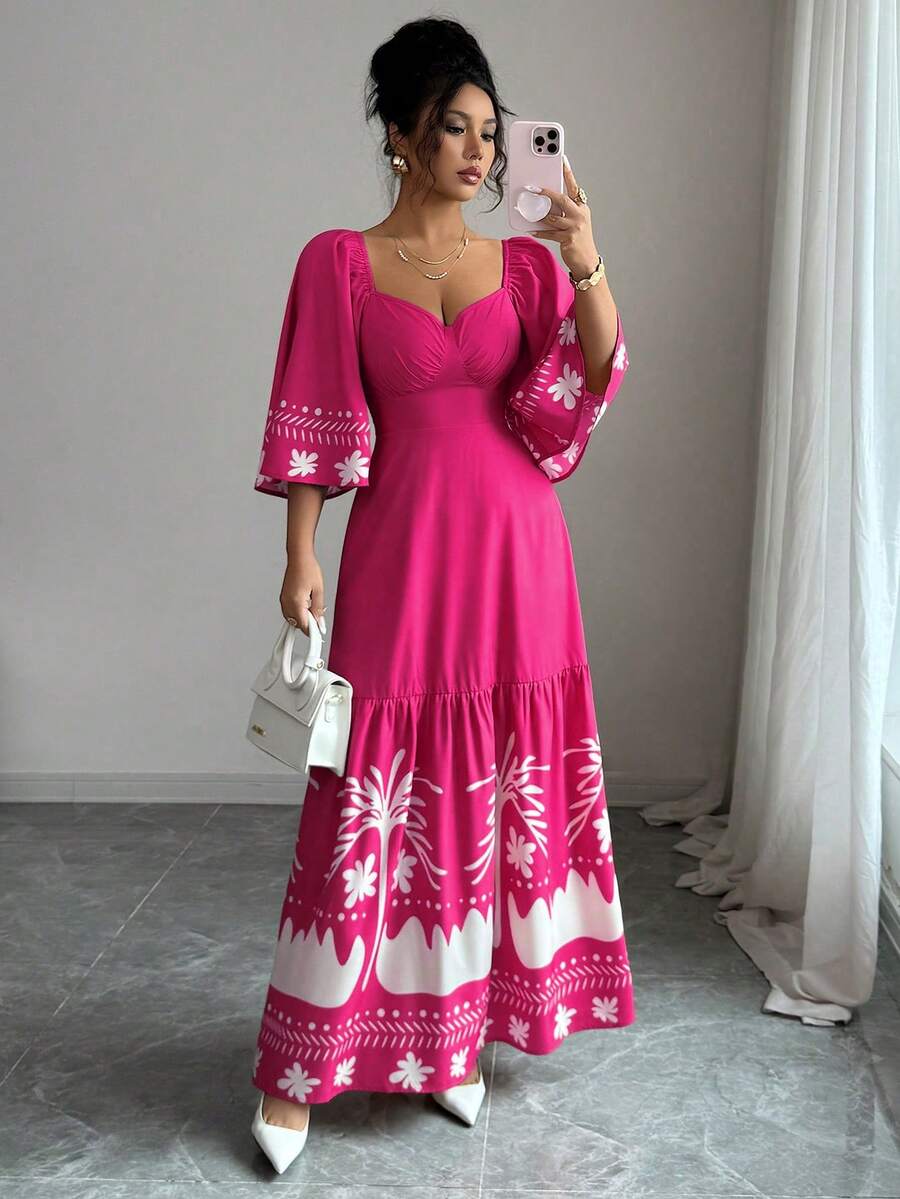 Mulvari Women's Vacation Ruffle Sleeve Fashionable Placement Print Dress - Hot Pink - View 1