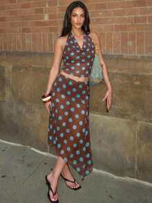 Aloruh 咖啡色和蓝色波点雪纺套装，性感海滩度假风垂褶领上衣+不对称下摆半身裙 - 彩色 - 查看 3