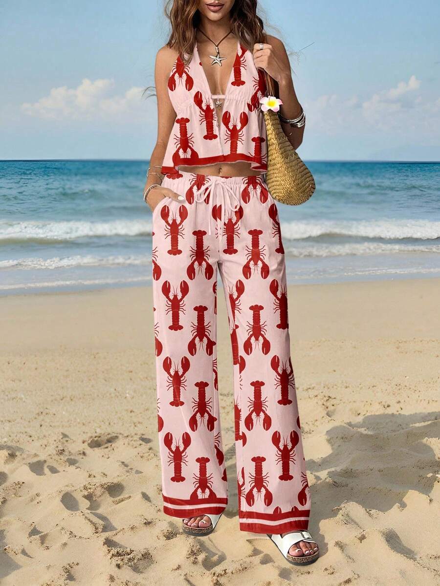SHEIN EZwear 女士休闲度假两件套，度假装，夏季装，龙虾印花，适合海滩穿着 - 彩色 - 查看 1