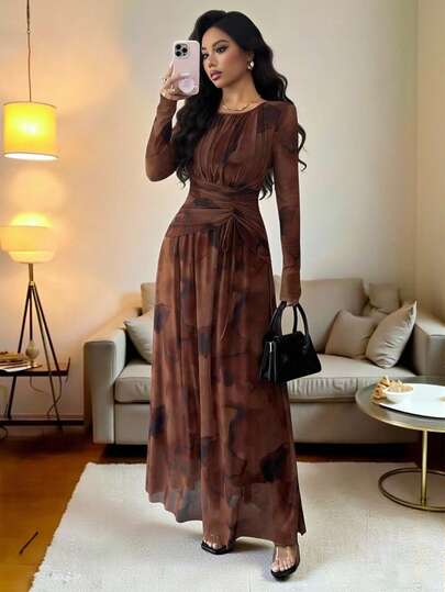 Rafferiza Women's Elegant Gradient Printed Mesh Elastic Waist Gathered Waist Umbrella Hem Brown Long Sleeve Long DressHomecoming Dresses, Wedding Guest Dresses Party Dress  Elegant Party Dresseswinter Winter Clothes Winter Clothes For Women Fall Clothes For Women Autumn Fall Autumn Clothes Fall Outfits For Women New Year New Year Outfit Thanksgiving Outfit For Women Party Wedding Elegant Casual LuxuryChristmas New Year Party Graduation Ball Cosplay New Year Going Out Tops For Women Graduation Elegant Fashionable Casual Commuting Business Office Daily Leisure All-Match Temperament Urban Teacher Professional Attire