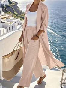 Breezaya 女士休闲度假舒适套装，百搭亚麻开衫和亚麻裤两件套，春夏款 - 卡其色 - 查看 1