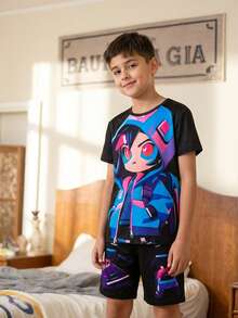 SHEIN GraphicGems 青少年男孩夏季新款休闲动漫印花短袖T恤短裤睡衣套装，街头风卡通人物宽松T恤+短裤两件套，青少年时尚家居服 - 黑色 - 查看 3